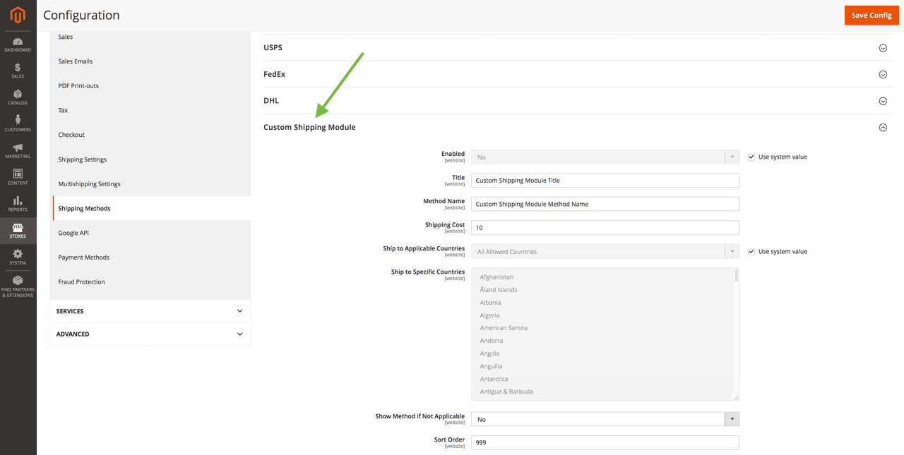 Custom shipping carrier backend settings