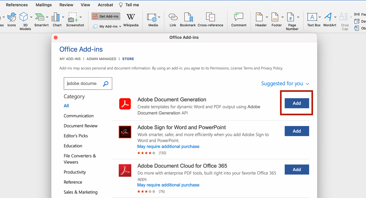 Office Add-Ins search result for Adobe Document Generation in Microsoft Word