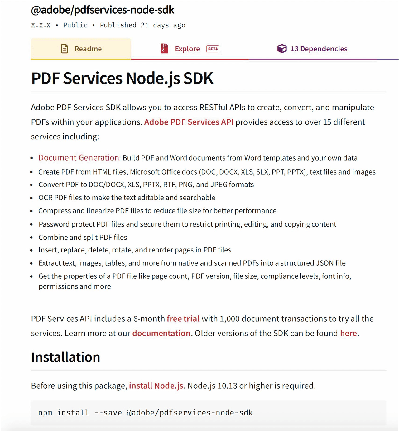 Adobe PDF Services SDK on NPM JS